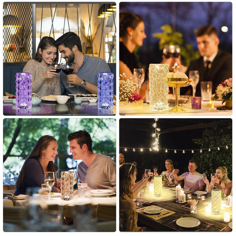 Crystal RGB Color Changing Table Lamp With Rose Diamond Design, Remote And Touch Control, 16 Color Options And 8 Scene Modes lighting up dining setting.