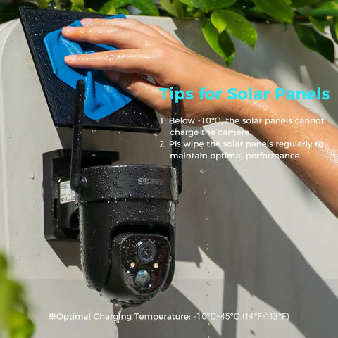 Person cleaning Power Up Your Outdoor Security Cams With This Ultra Efficient 5V Solar Panel 23 Percent Energy Conversion 9.8 Foot Cable USB C And Micro USB Compatible Weather Resistant 360 Degree Adjustable Bracket Works With Tapo Eufy Aosu And More mounted next to camera
