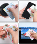 Front view: blue multicolor flower microfiber cleaning cloth wiping a circular camera lens
Front view: white microfiber cleaning cloth with multicolor flowers wiping a smartphone screen
Close-up: light-blue floral microfiber cleaning cloth cleaning a metal wristwatch
In-car view: floral microfiber cleaning cloth cleaning a car infotainment screen