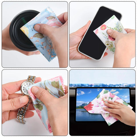 Front view: blue multicolor flower microfiber cleaning cloth wiping a circular camera lens
Front view: white microfiber cleaning cloth with multicolor flowers wiping a smartphone screen
Close-up: light-blue floral microfiber cleaning cloth cleaning a metal wristwatch
In-car view: floral microfiber cleaning cloth cleaning a car infotainment screen