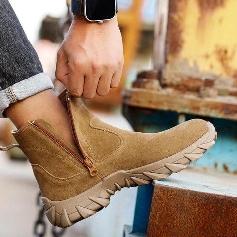 Side view of Mens Steel Toe Welding Boots Leather Work Boots Comfortable Slip Resistant Safety Shoes for Construction Brown Reinforced Steel Caps Durable Weld Ready Foot Protection for Daily Job Sites with a zip closure.