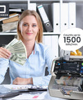 Woman using Bank Grade Money Counter For Mixed Denoms In USD CAD MXN GBP EUR With Touch Screen, UV MG IR MT Detection
