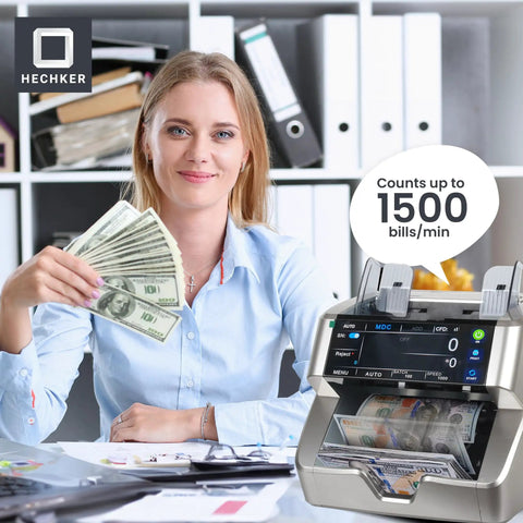 Woman using Bank Grade Money Counter For Mixed Denoms In USD CAD MXN GBP EUR With Touch Screen, UV MG IR MT Detection