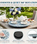 Two Pack Mother Of Pearl Lazy Susan Turntable Set With Blue Wicker 12 And 13 Inch Rotating Trays on outdoor table with tea and snacks.