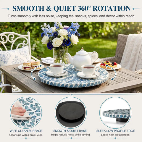 Two Pack Mother Of Pearl Lazy Susan Turntable Set With Blue Wicker 12 And 13 Inch Rotating Trays on outdoor table with tea and snacks.