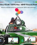 8K Video Camera Camcorder capturing colorful balloons on a car with 48MP photos, WiFi, IR night vision, fill light, stabilizer shown