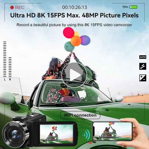 8K Video Camera Camcorder capturing colorful balloons on a car with 48MP photos, WiFi, IR night vision, fill light, stabilizer shown