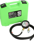 Exhaust Back Pressure Tester and Gauge Kit with Oxygen Sensor Adapters, green case, hose, and gauge for accurate vehicle diagnostics.