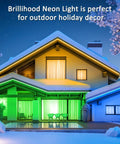 House exterior decorated with RGB Neon Rope Light 50 Feet LED Strip For Indoor Outdoor Use Linkable Up To 150 Feet 120V IP67 Waterproof
