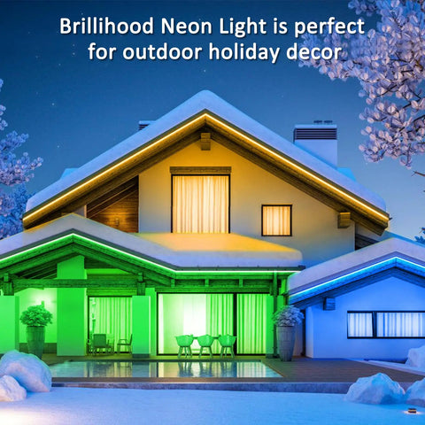House exterior decorated with RGB Neon Rope Light 50 Feet LED Strip For Indoor Outdoor Use Linkable Up To 150 Feet 120V IP67 Waterproof