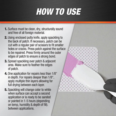 Instructions for DryDex Spackling Wall Repair Patch Kit With Pink To White Dry Time Indicator 8 Oz showing application process.