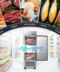 Heavy Duty Commercial Upright Freezer With 23 Cubic Feet Storage Auto Defrost Digital Thermostat Led Interior, full view with frozen foods.