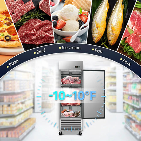 Heavy Duty Commercial Upright Freezer With 23 Cubic Feet Storage Auto Defrost Digital Thermostat Led Interior, full view with frozen foods.