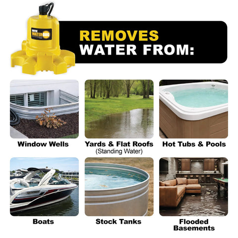 Wayne WaterBUG yellow submersible pump, 1/6 HP, for water removal and transfer, front view
