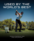 Golfer using Portable Golf Launch Monitor And Simulator With 5D AI Radar, 4K Camera And OLED Display on outdoor range.