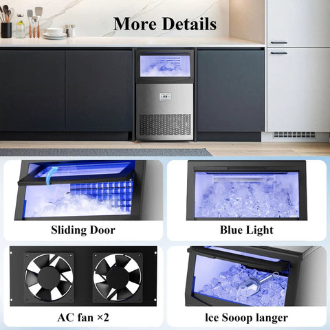 High Capacity Ice Maker Machine For Restaurant And Home That Delivers 110 Lbs Per Day, Sliding door, blue light, AC fans