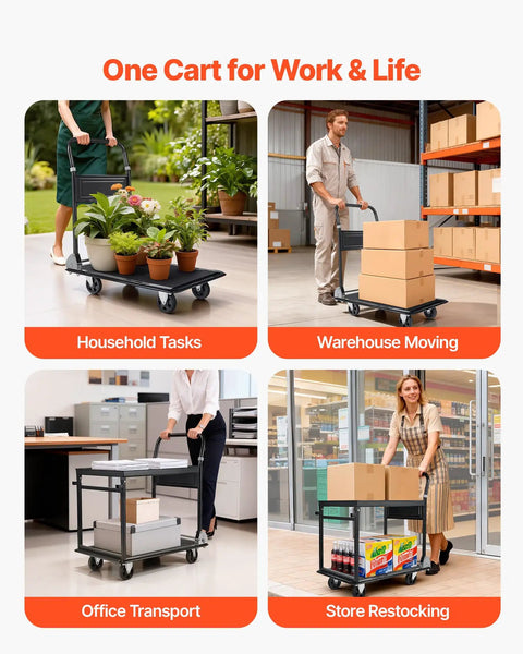 Heavy Duty 2 Tier Foldable Platform Hand Truck With 700 Lb Capacity used for household, warehouse, office, and store tasks.