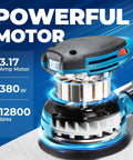 Zero Drama 5 Inch Random Orbital Sander That Delivers Heavy Hitter Power For Rapid Woodworking And Metal Polishing Tasks showcasing the 380W motor.