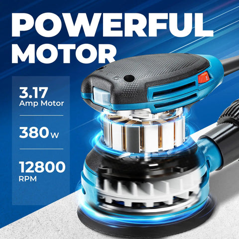 Zero Drama 5 Inch Random Orbital Sander That Delivers Heavy Hitter Power For Rapid Woodworking And Metal Polishing Tasks showcasing the 380W motor.