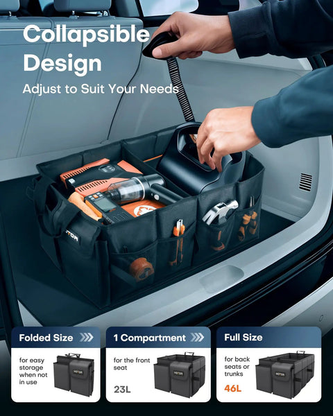 Foldable Trunk Organizer For Cars And SUVs With Dual Large Compartments And Six Mesh Pockets Keeps Groceries Tools And Gear Neatly Stowed In A Sturdy Black Car Accessory For Sedans And SUVs. Displayed in trunk showing compact and expanded uses.