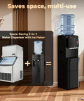 4-In-1 Water Dispenser With Ice Maker For Home And Office Hot Cold And Room Temp Water Plus Fast Ice Top Loading 2 To 5 Gallon Bottle Fit Child Safety Lock Space Saving Water Cooler displayed in a room