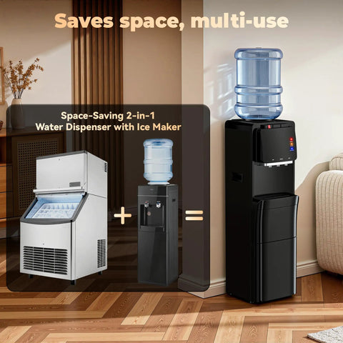 4-In-1 Water Dispenser With Ice Maker For Home And Office Hot Cold And Room Temp Water Plus Fast Ice Top Loading 2 To 5 Gallon Bottle Fit Child Safety Lock Space Saving Water Cooler displayed in a room