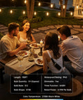 Four people dining under 100Ft Outdoor String Lights With Remote Dimmable And Connectable Warm White LED Patio Lighting For Backyard Porch Deck Or Balcony Weatherproof Shatterproof Bulbs Three Modes And Memory Function Totally Lit.