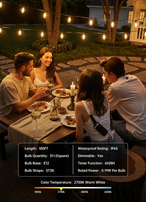 Four people dining under 100Ft Outdoor String Lights With Remote Dimmable And Connectable Warm White LED Patio Lighting For Backyard Porch Deck Or Balcony Weatherproof Shatterproof Bulbs Three Modes And Memory Function Totally Lit.