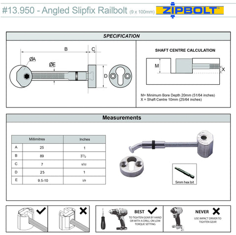 Technical diagram of Angled Slipfix Railbolt Handrail To Newel Post Connector for Upper Connection Model 13960, specifications included.