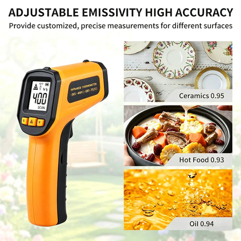 Non Contact Infrared Thermometer Gun With Laser Pointer And Backlit LCD Fast Half Second Readings From Minus 58 To 752 Degrees Fahrenheit Built For Cooking HVAC And Auto DIY Boss Level Quick Readouts, adjustable emissivity display