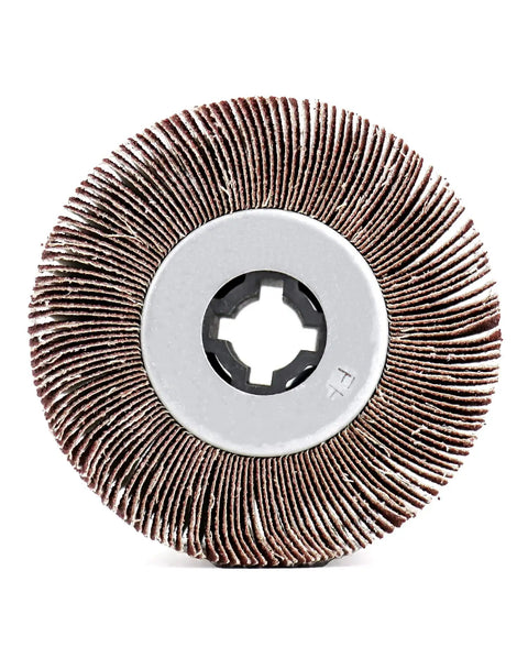 Two Pack Aluminum Oxide Flap Sanding Wheel Drum Burnishing Brush Kit For Metal And Wood, 4.5 Inch Diameter And 4 Inch Width, Three Quarter Inch Four Key Arbor, 60 Grit, Rust Removal, Weld Burrs, Grinding, Grinds Like A Boss front view