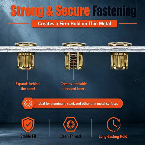 Drill Powered Rivet Nut Tool Set M3 To M12 Carbon Steel Mandrels And Head Rivet Nuts All In One Kit For Automotive Metal Fab Pro Grade DIY Fastening For Projects At Home And In The Shop showing thin metal insert expansion