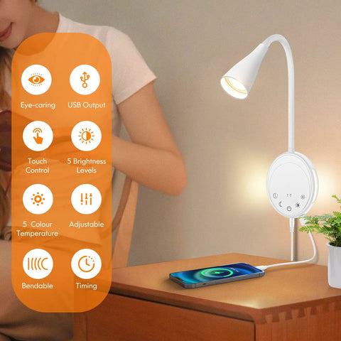 Total Game Changer Led Wall Mount Reading Lamp With Touch Panel And Five Dimmer Settings For Peak Cozy Vibes Includes Usb Charge Port Smart Night Timer And Flexible Gooseneck Design In Clean White, mounted beside phone and chair.