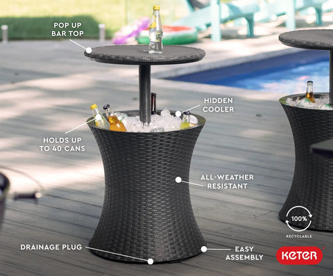 Outdoor Bar Table With Hidden Seven Point Five Gallon Beer And Wine Cooler Pop Up Bar For Gameday Parties Poolside Hangouts And Hot Tub Side Table Durable Dark Grey All Weather Chill Station For Easy Access with pop-up bar top.