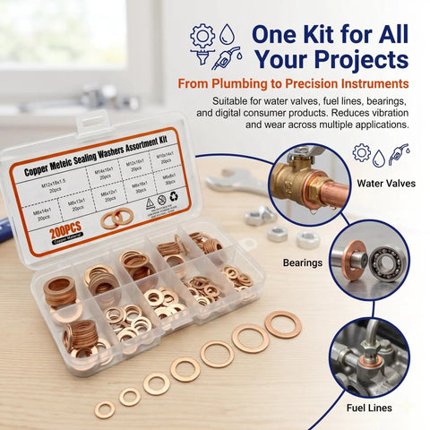Get Solid 200 Pcs Copper Crush Metric Washer Assortment Kit Sizes M5 To M14 For Car Engine Repair And Motorcycle Maintenance Heat Proof Seals That Handle Vibration Like A Boss No Flex Rust Proof Gold Shine Builds Secure Holds. Copper sealing washers in a 200-piece storage case for water valves, bearings, and fuel lines