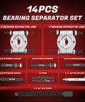 14-piece bearing puller and splitter set diagram showing 2-inch and 3-inch jaw sizes, screws, yoke, and extension legs for automotive use