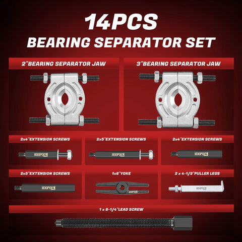 14-piece bearing puller and splitter set diagram showing 2-inch and 3-inch jaw sizes, screws, yoke, and extension legs for automotive use