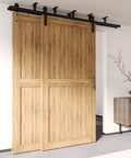 Installed Black Rustic Ceiling Mount Double Track Bypass Sliding Barn Door Hardware Kit For Two Doors 8 Ft Long Flat Track Interior Use Only
