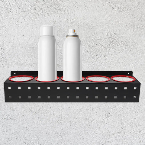 Wall Mounted Spray Bottle Holder And Storage Organizer Rack For Garage Car Wash Home Cleaners Built Tough Black Iron Frame with spray bottles.