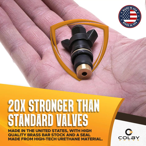 Hand holding the Emergency Tubeless Tire Valve Stem Replacement Kit, showcasing 360 brass components, made in USA.