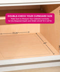 Cabinet dimensions showing fit for heavy-duty cabinet organizer, 22 W x 21 D, highlighted for accurate measuring, installation guide.