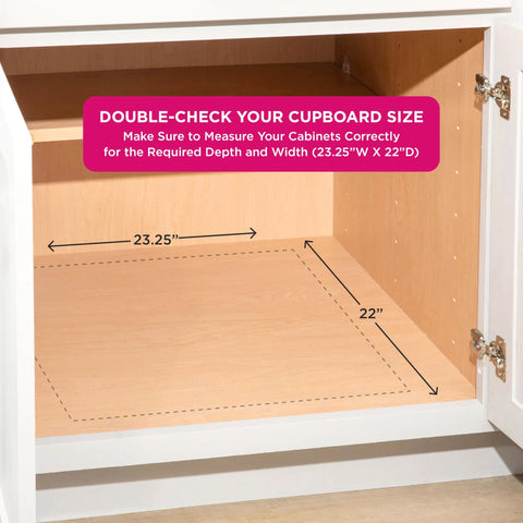 Cabinet dimensions showing fit for heavy-duty cabinet organizer, 22 W x 21 D, highlighted for accurate measuring, installation guide.