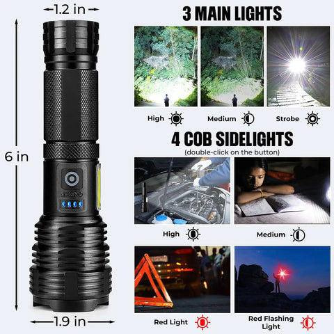 Rechargeable LED Flashlight 2 Pack Ultra Bright 99,000 Lumens Handheld Waterproof Flashlights with lighting modes and dimensions.