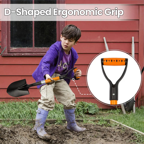 Child using a 28 Inch Round Shovel With D Handle For Garden Beach Camp Use Fiberglass Handle Workhorse Tool For Transplanting Gravel Sand And Snow Durable Metal Construction.