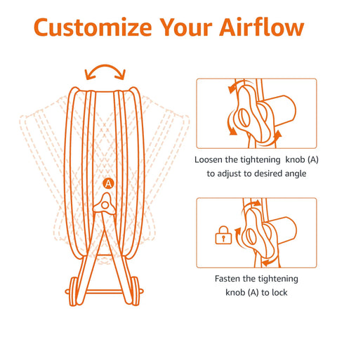 Diagram showing Industrial 24-Inch High Velocity Drum Fan with adjustable airflow and knob instructions.