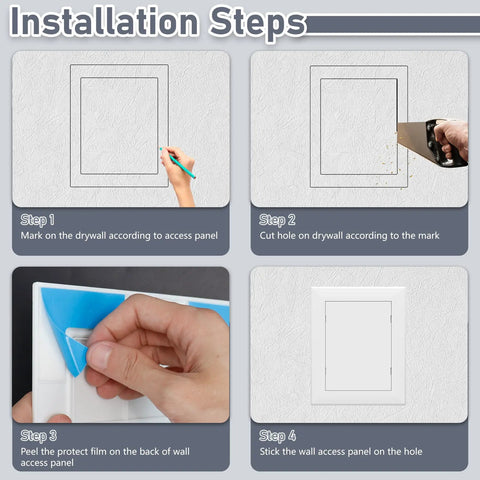 Installation steps for Dead Simple Self Adhesive Access Panel For Drywall Five Inch By Seven Inch Peel And Stick Wall Hole Cover.