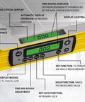 Kickass Heavy Duty Yellow Digital Spirit Level With Blazing Illuminated Readouts showing dual display features and acoustic guidance.