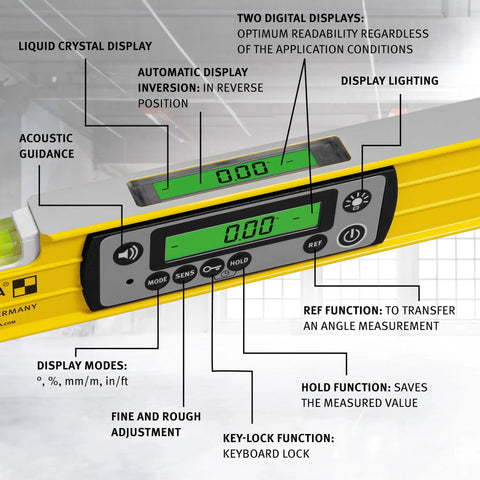 Kickass Heavy Duty Yellow Digital Spirit Level With Blazing Illuminated Readouts showing dual display features and acoustic guidance.