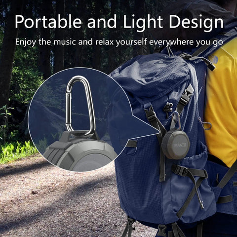 Bluetooth Speaker IPX5 Waterproof Portable Shower Speaker With 12 Hour Battery And Micro SD Playback clipped to backpack