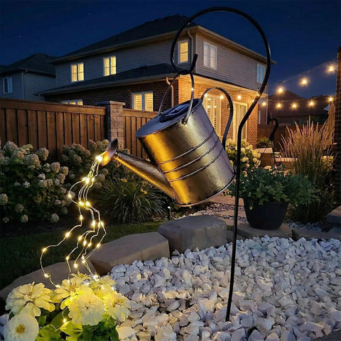 Solar Powered Watering Can Fountain With Cascading Warm White Fairy Lights For Outdoor Gardens And Yards Waterproof Metal Fountain Yard Patio Lawn Ornament